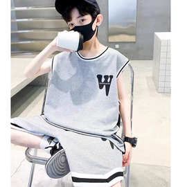 男童休闲背心套装中大童韩版夏季新款纯色字母无袖短袖上衣两件套
