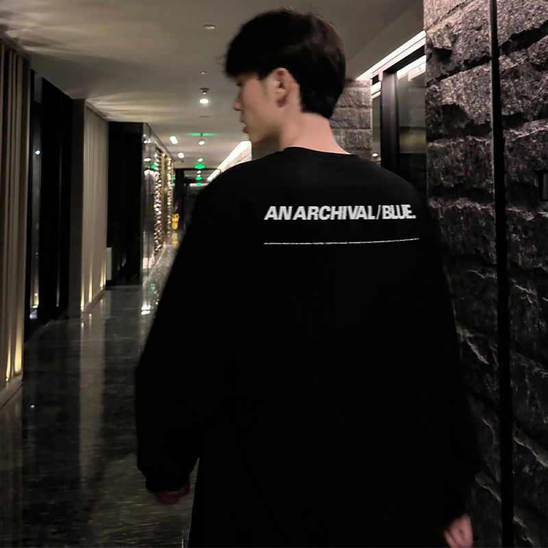 美式简约字母印花长袖T恤男士ins潮流高街重磅上衣宽松打底衫