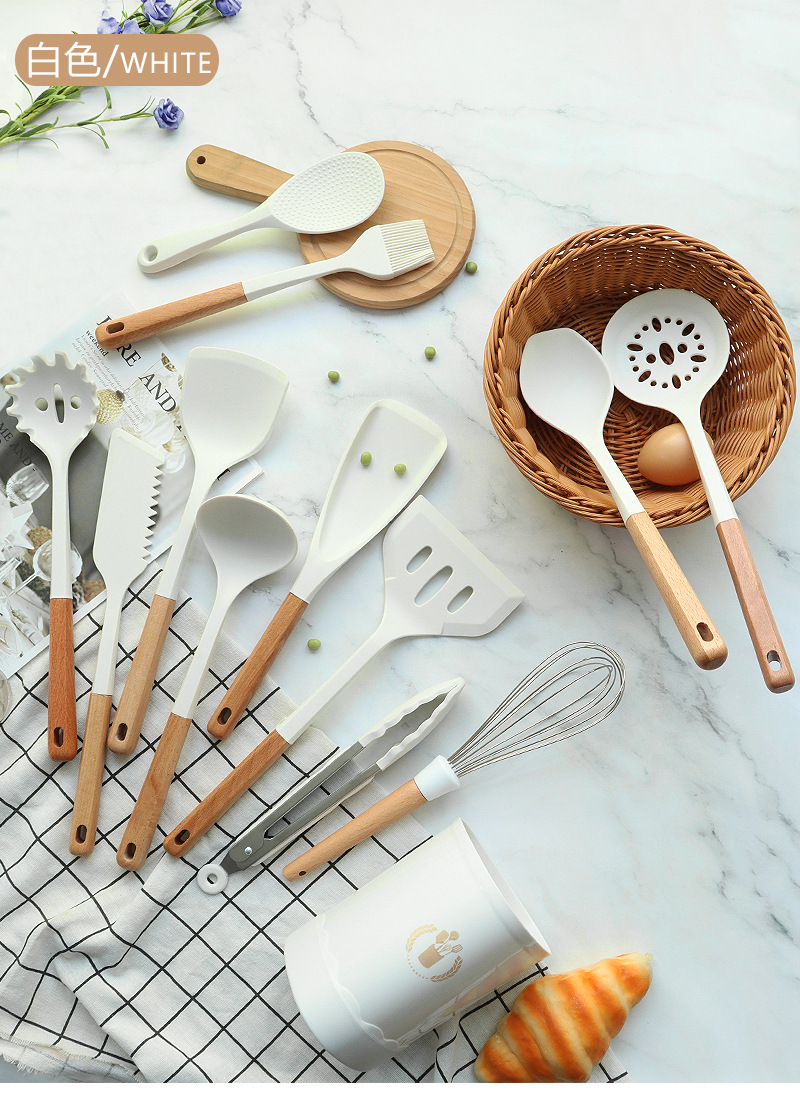 Silikon spatula ve kaşık 13 parçalı set yapışmaz silikon spatula süt beyazı gıda sınıfı silikon mutfak eşyaları seti satışa hazır