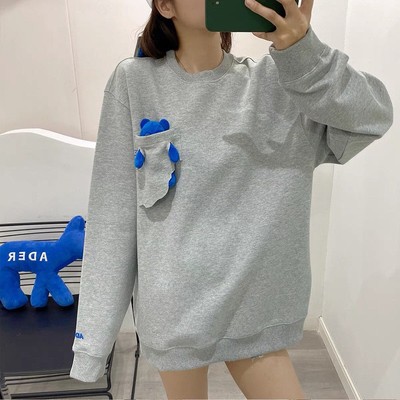 ADER pocket Little Bear doll High Street Versatile oversize T-shirts Sweater Korean Edition men and women Same item Little Bear Long sleeve