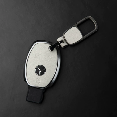 Leather, High-End Shell, Car key bag - mercedes-benz-c-class-3-button-key-fob-case-ivory-white-square-buckle