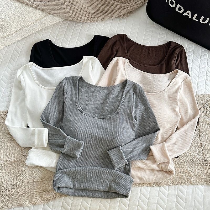 Autumn and Winter Square Collar Branding Long-sleeved T-shirt with Chest Pad Thermal Underwear Women's Thickened Inner Slim-fit Base Shirt Top