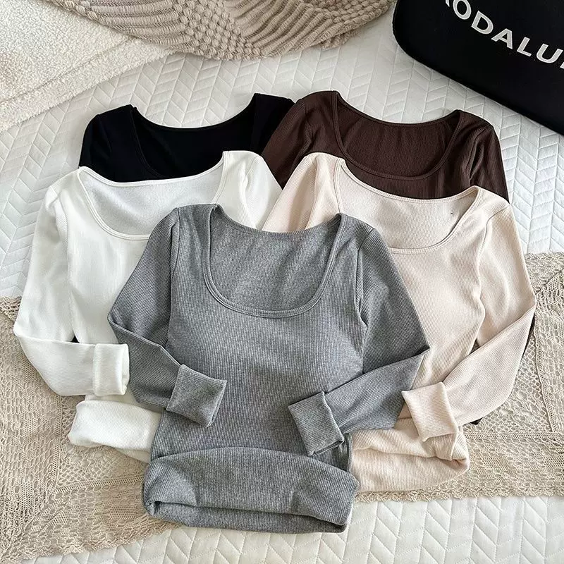 秋冬季方领磨毛长袖T恤带胸垫保暖内衣女加厚内搭修身打底衫上衣