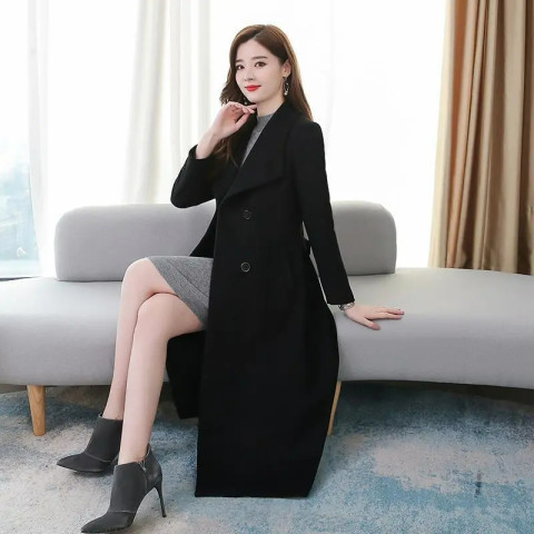 Windbreaker 2025 Spring and Autumn New Style Woolen Coat Women's Over-The-Knee Thickened Large Size Lapel Extra Long Waist-Cinching Jacket