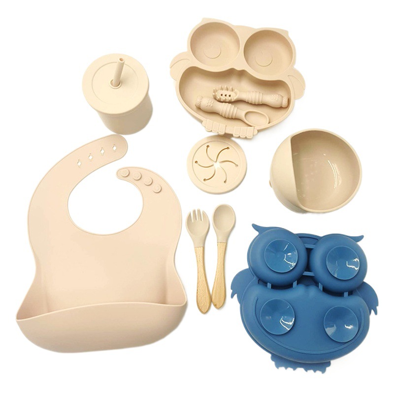 Búho DE LOS NIÑOS vajilla traje complementario de alimentación del bebé placa babero de silicona tazón materna e infantil suministros de calidad alimentaria