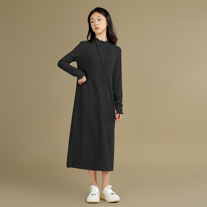 Largo tocando fondo de punto vestido niñas otoño e invierno nuevo estilo con abrigo interior desgaste flojo perezoso cuello alto suéter vestido de moda
