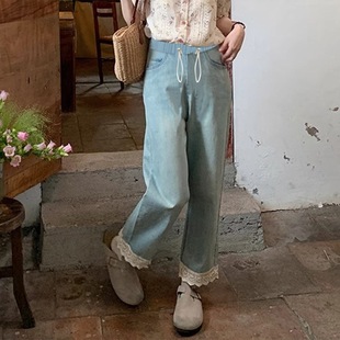 9588 Maternity Cropped Lace Jeans with Drawstring Belly Support, Non-Tightening, Suitable for Wearing Outside, Straight-Leg Loose Wide-Leg Pants