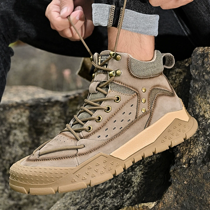 Мужская обувь для трансграничных поездок, повседневная обувь для уличной спецодежды, осенние и зимние высокие походные ботинки из натуральной кожи из воловьей кожи, мужские теплые хлопковые ботинки.
