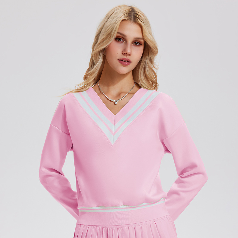 Caijue transfronterizo amazon camiseta deportiva femenina estilo americano retro relajado mangas largas de cuello en V de bádminton ropa de tenis femenina