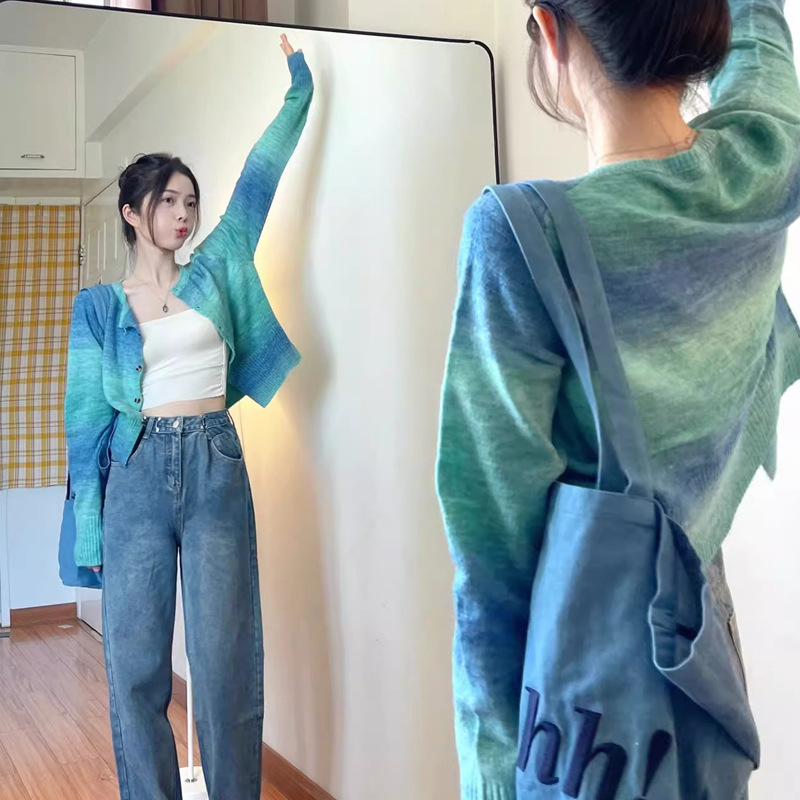 Blue-Green Tie-Dye Knitted Cardigan Women's Spring and Autumn Chic Short Outer Gentle Elegant Sweater Coat Long-Sleeved Top