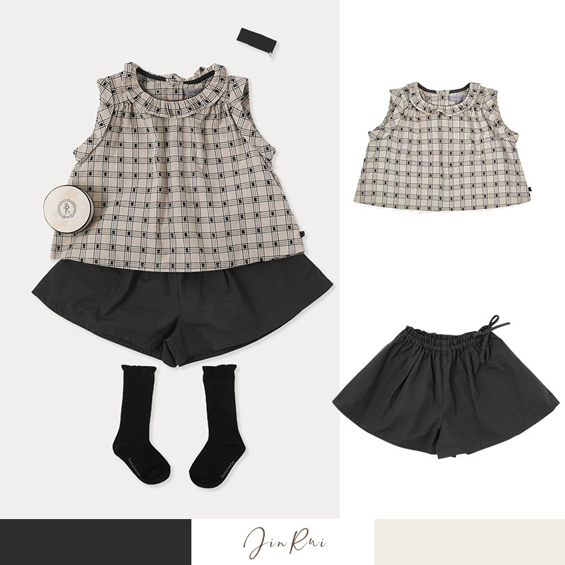In-Stock Japanese-Style Girls' Outfit Bene Same Style Sleeveless Cut-Out Floral Plaid Shirt Washed Cotton Shorts Sweat-Absorbent