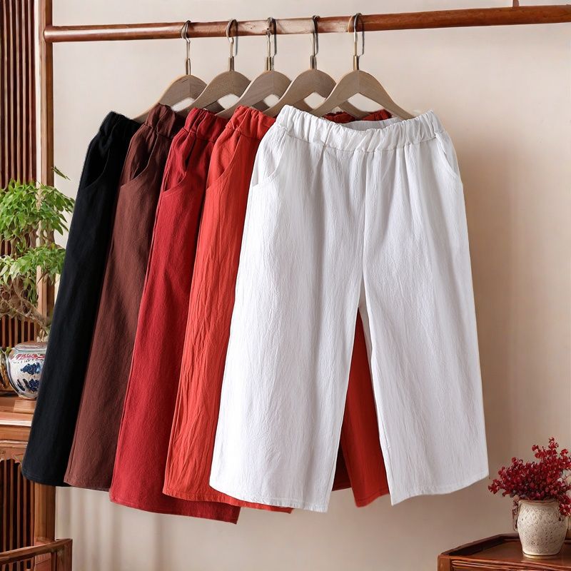 2026 Summer Plus-Size Cotton Cropped Pants Casual Women's Pants Ethnic Style Loose Thin Versatile Straight-Leg Pants Wide-Leg Pants 2026 Summer Plus-Size Cotton Cropped Pants Casual Women's Pants Ethnic Style Loose Thin Versatile Straight-Leg Pants Wide-Leg Pants