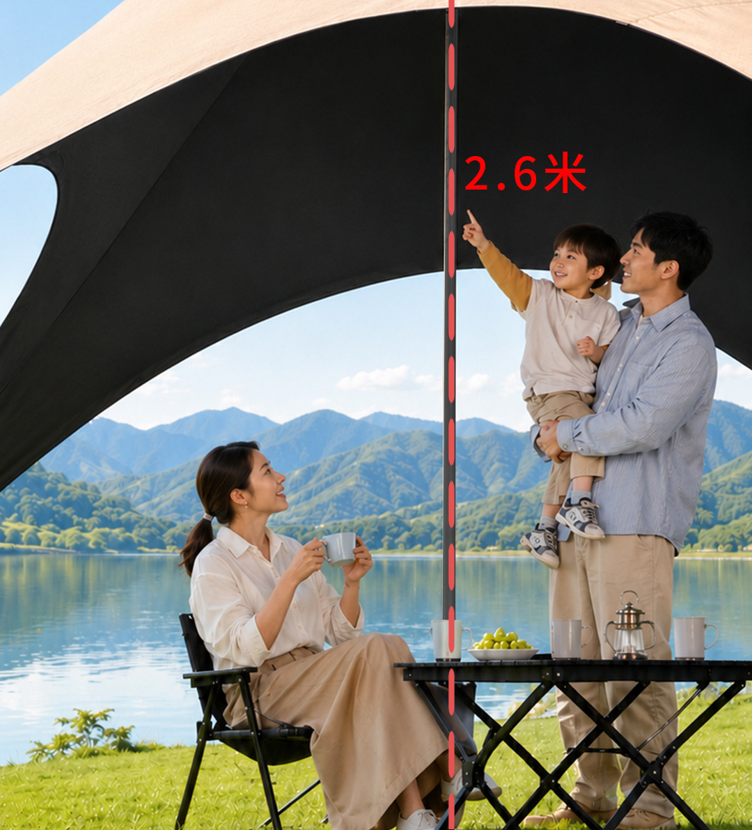 Hexagonal Canopy with Thickened Black Vinyl, New Quick-Setup Camping Sunshade and Rainproof Dome Outdoor Sun Shelter
