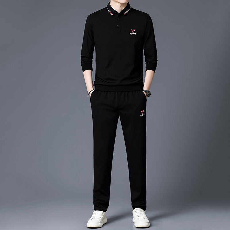 Casual Suit Men's Fashion Korean Style Spring and Autum Men's Lapel Long-Sleeved T-Shirt Young and Middle-Aged Trendyy Outdoor Two-Piece Set