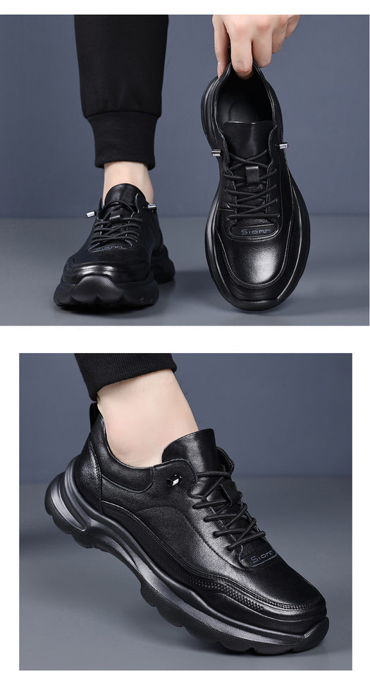 Giày sneaker nam da bò lớp đầu, đế xốp nhẹ, gót 3,5 cm — màu đen chi tiết 14