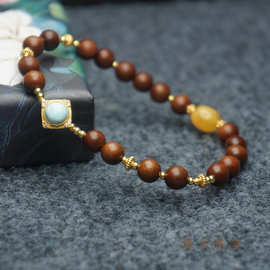 天然老山檀檀香 6mm 蜜蜡 海纹石银佩饰镶嵌 文玩 原创设计款单圈