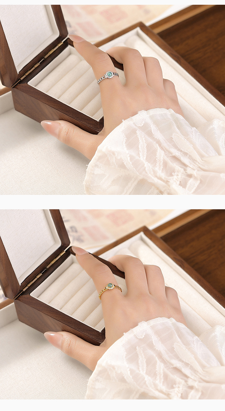 Nhẫn bạc S925 mạ vàng đính ngọc bích nước xanh hạt tròn xoắn phong cách instagram — Kiểu màu bạc chi tiết 6