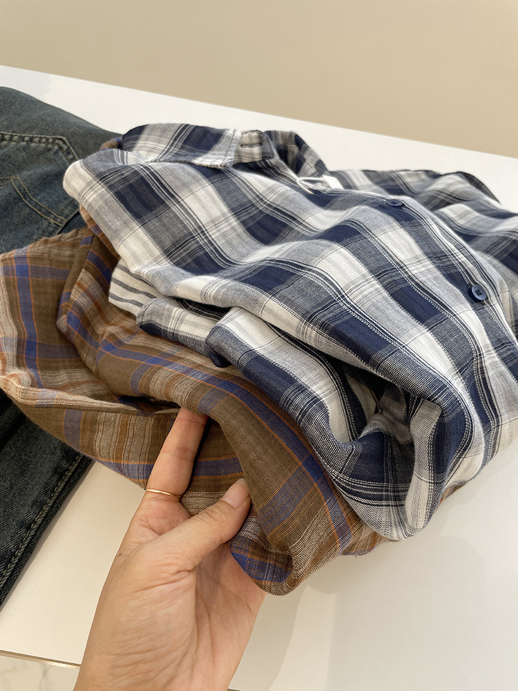 Áo sơ mi nữ dài tay vải gạc cotton hai lớp họa tiết kẻ sọc cổ điển dáng rộng — Kẻ sọc xanh (Bộ sưu tập mùa hè) chi tiết 10