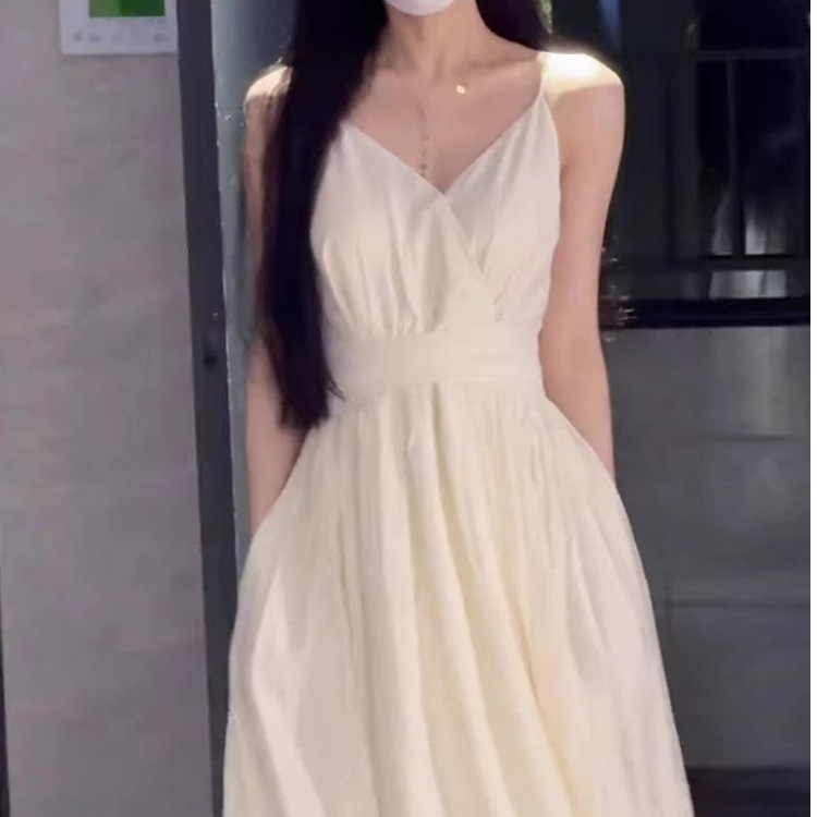 ティーブレイクフレンチドレス女性の夏のスイートウエスト痩身海辺休暇ノースリーブサスペンダーロングドレス|undefined