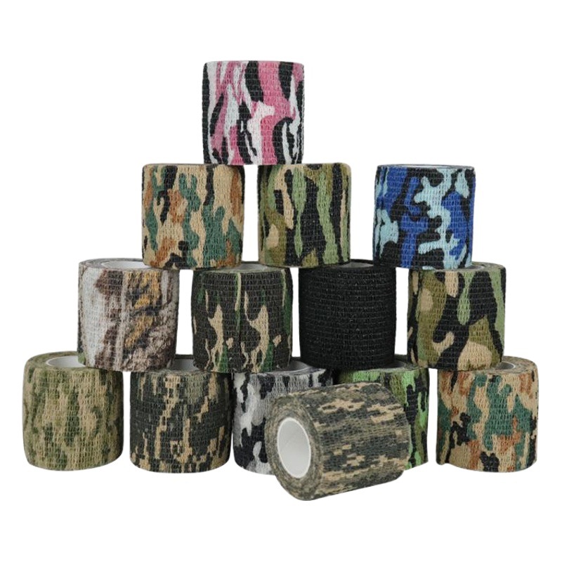 Fábrica sin pegamento cinta de camuflaje telescópica autoadhesiva tela no tejida caza al aire libre caza camuflaje cinta de montar