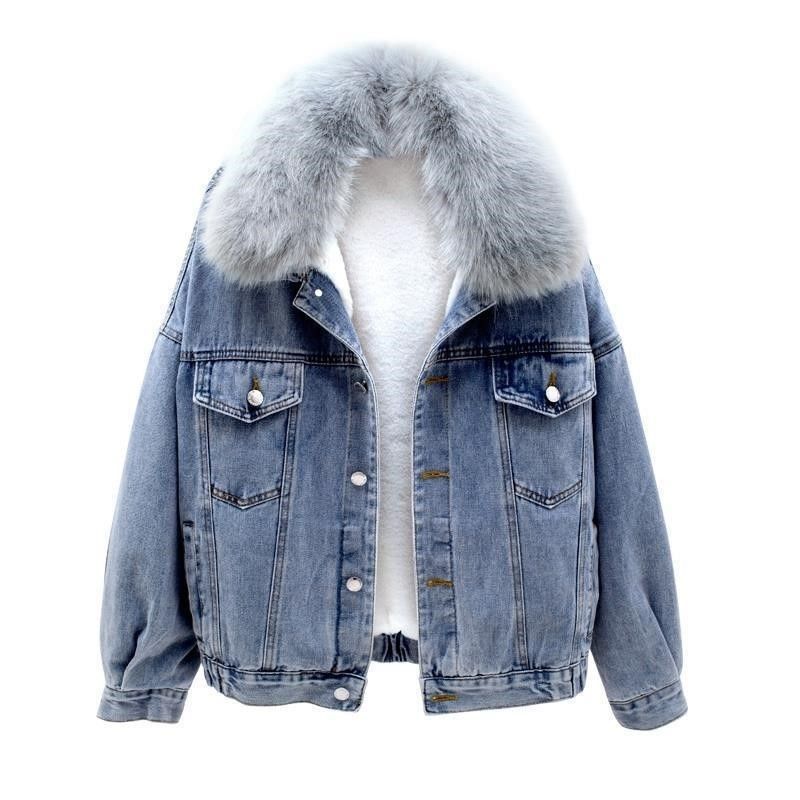 Dameskleding korte denim katoenen jas blauw grijs grote bontkraag plus fluwelen dikke warme katoenen jas top_voghion.com