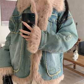 美式复古牛仔外套女加厚加绒棉衣秋冬季新款设计别致棉服潮