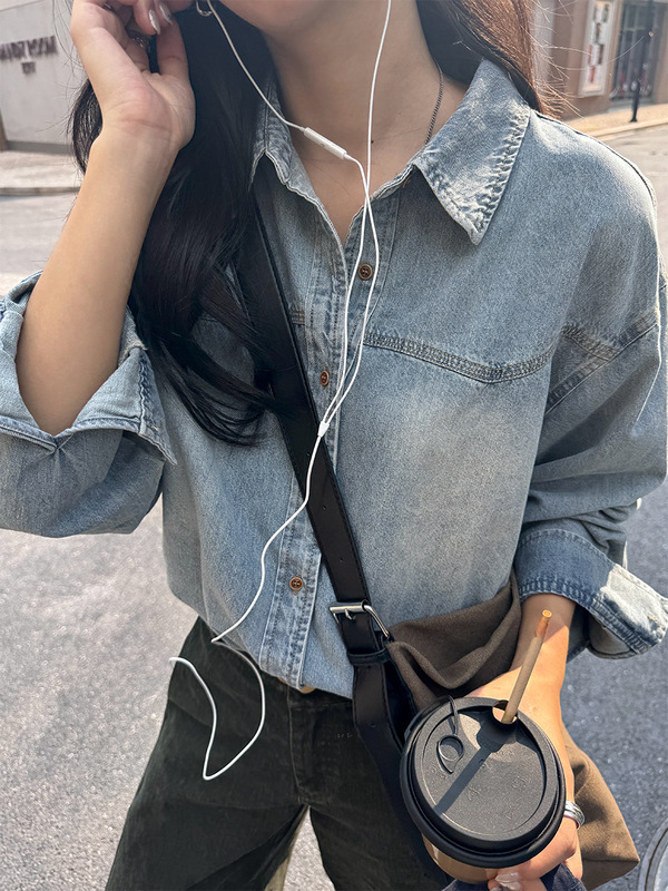 广州黄峥早秋新款韩系简约百搭宽松休闲牛仔衬衫长袖衬衣潮530064|undefined
