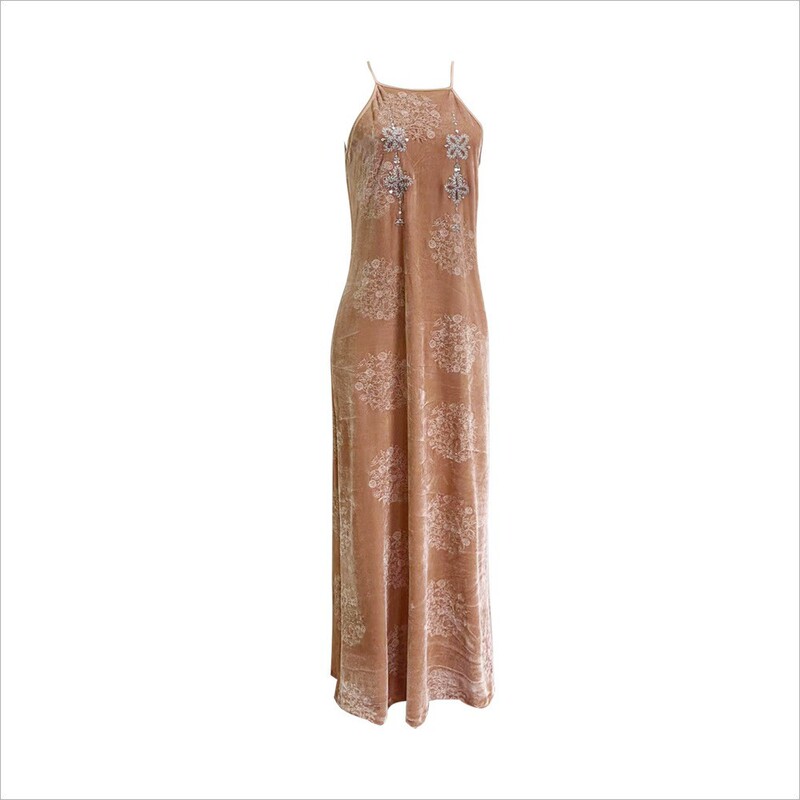 Spring and Summer New Style Jiang Yan's Same Style Brown Velvet Suspender Embroidered Vest Long Dress