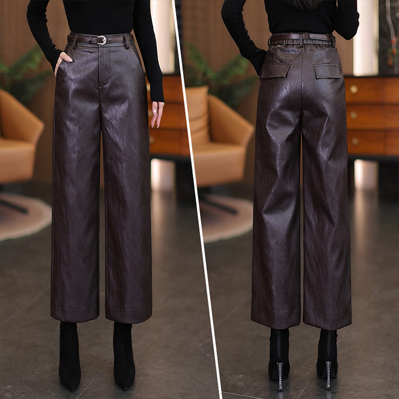 咖色九分皮裤女2025秋冬流行新款高腰显瘦洋气百搭直筒pu休闲裤子