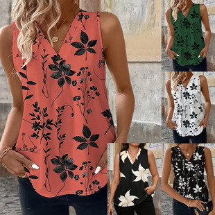 2025 European and American Foreign Trade Amazon Independent Station Temu Women's Floral Print Sleeveless V Neck Vest with Elegant Elegant