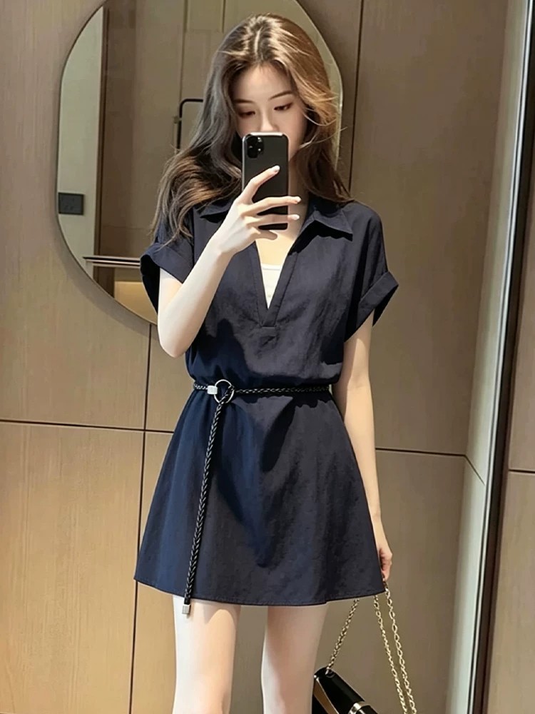 Váy suông nữ tay ngắn cổ lật thiết kế giả hai lớp — đen