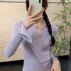 2026法式别致甜美Polo领针织打底衫女早春修身显瘦毛衣内搭绝美上