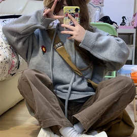 韩系秋冬设计感立体小花刺绣宽松休闲连帽针织套头毛衣慵懒风上衣