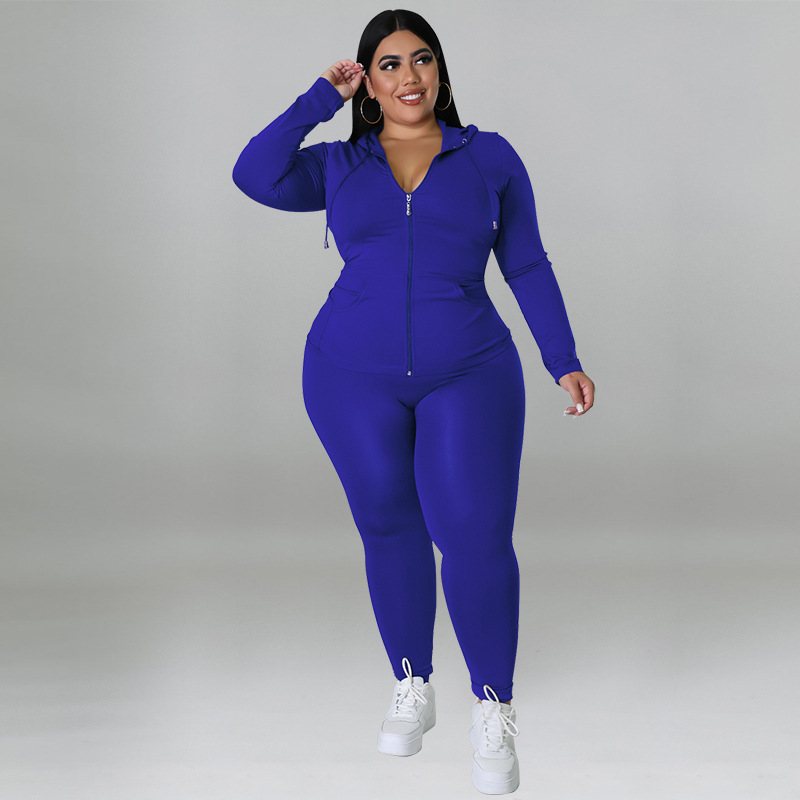Plus Size Women's Clothing Solid Color Hooded Long Sleeve Fashion Casual Set Autumn Wear_ecoleips.com