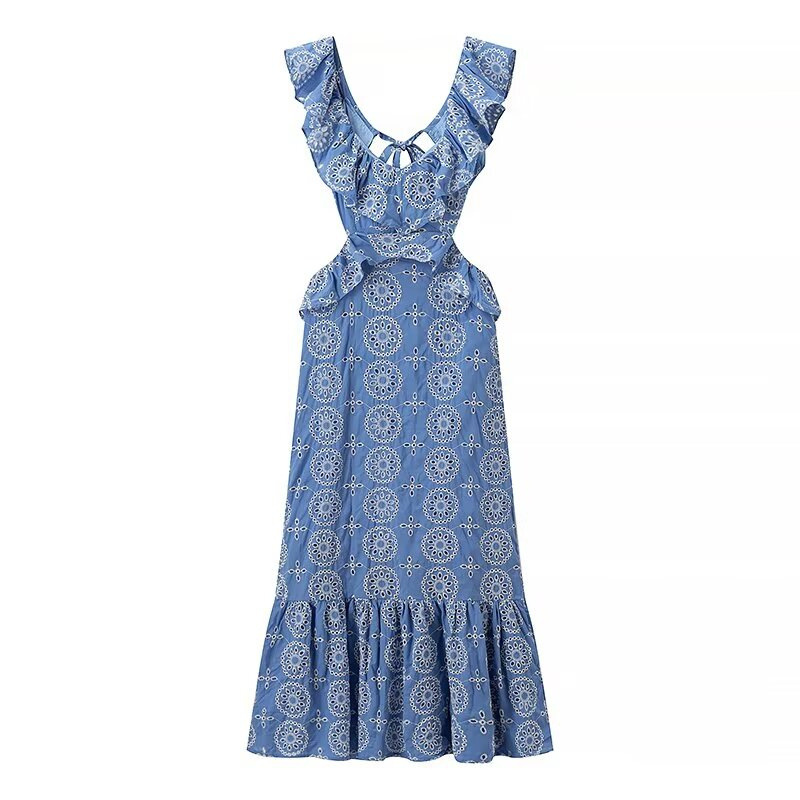 Foreign Trade 2024 Autumn New Women's Clothing European and American Vacation Style Slim-fit Navy Blue Back Lace Ruffled dress Foreign Trade 2024 Autumn New Women's Clothing European and American Vacation Style Slim-fit Navy Blue Back Lace Ruffled dress