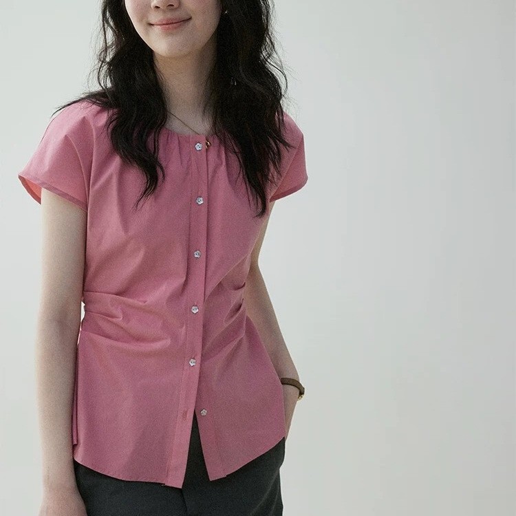 "Mustard Pie" French Waist Pleated Strap Slim Shirt Women's New Summer Slimming Look Work Clothing Top