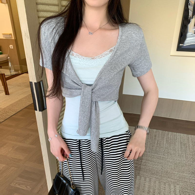 Korean-Style Beautiful Lace Vest and Tie-Up Cardigan Two-Piece Set for Women, 2026 New Summer Exquisite Design Top Korean-Style Beautiful Lace Vest and Tie-Up Cardigan Two-Piece Set for Women, 2026 New Summer Exquisite Design Top
