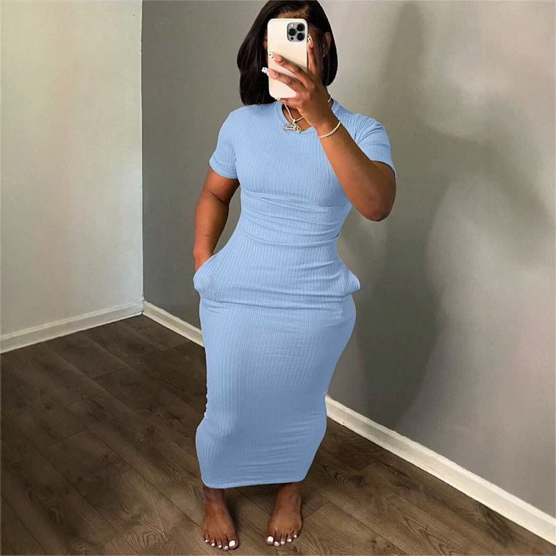 European and American Style Women's Solid Color Round Neck Tight-Fitting Mid-Length Dress, Ribbed Knit Short-Sleeve Slim-Fit Dress European and American Style Women's Solid Color Round Neck Tight-Fitting Mid-Length Dress, Ribbed Knit Short-Sleeve Slim-Fit Dress