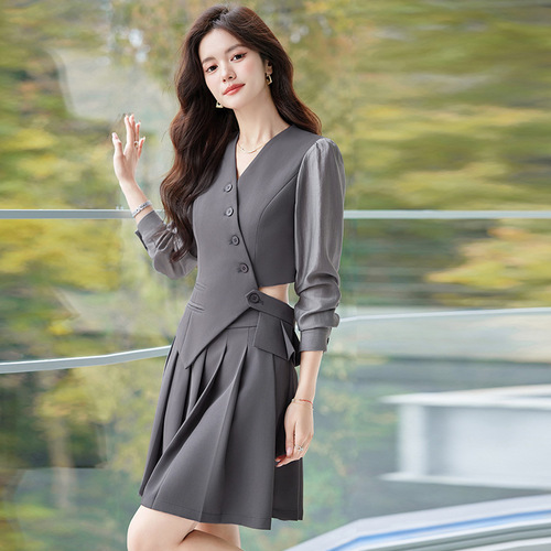 Gray long-sleeved vest for women spring and autumn new style high-end temperament goddess style waist slimming pleated skirt suit