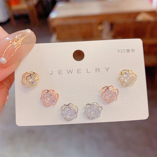 S925 Silver Needle Diamond Rose Combination Three-Piece Earrings for Women - Exquisite and Compact, Versatile Earrings with a Sense of Design