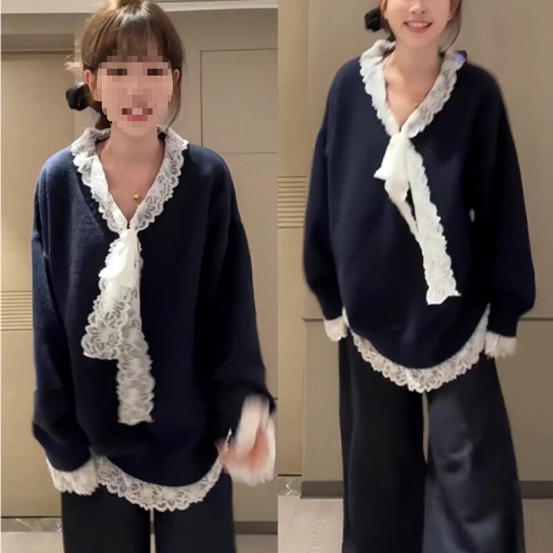蕾丝毛衣韩系蕾丝拼接毛衣女秋季慵懒风小众宽松显瘦别致套头上衣|undefined