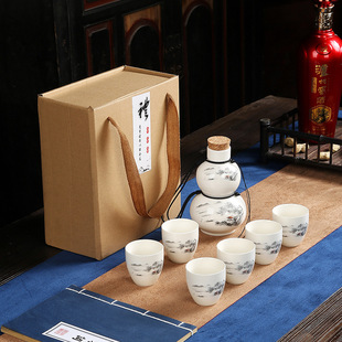 Creative ceramic wine set white porcelain wine dispenser a pot of six cups gift box gourd burning wine pot white wine glass logo