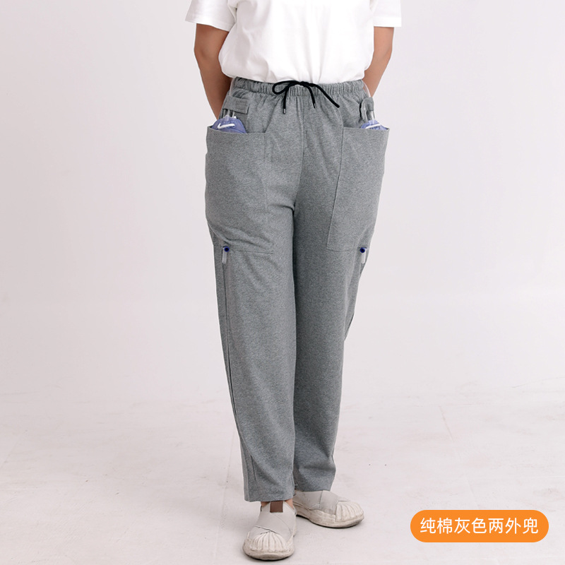 여름면 린넨 회색 바지 두 외부 주머니