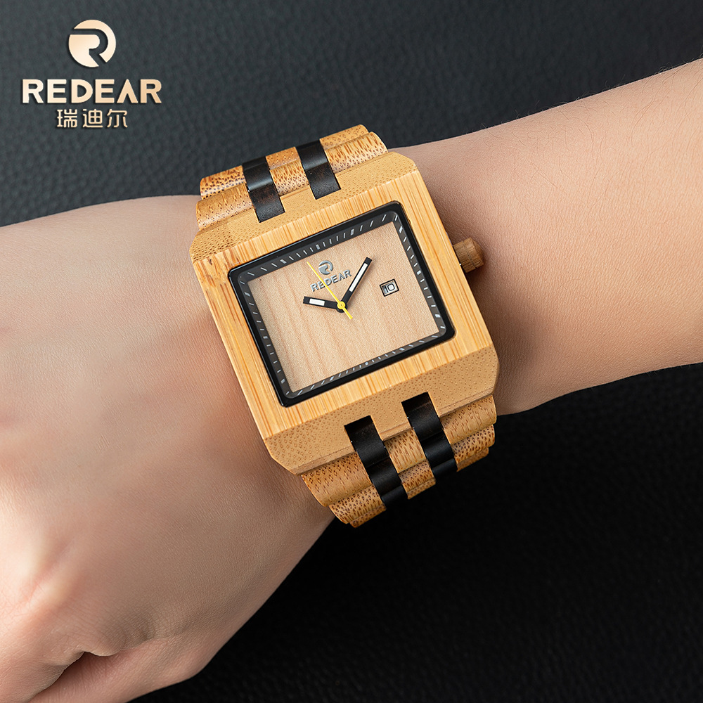 厂家直售新款方壳男式木手表 石英带日历机芯 外贸热卖货源
