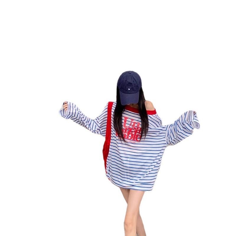 纯欲辣妹露肩撞色条纹薄款防晒衫女夏季宽松休闲中长款气质上衣|undefined