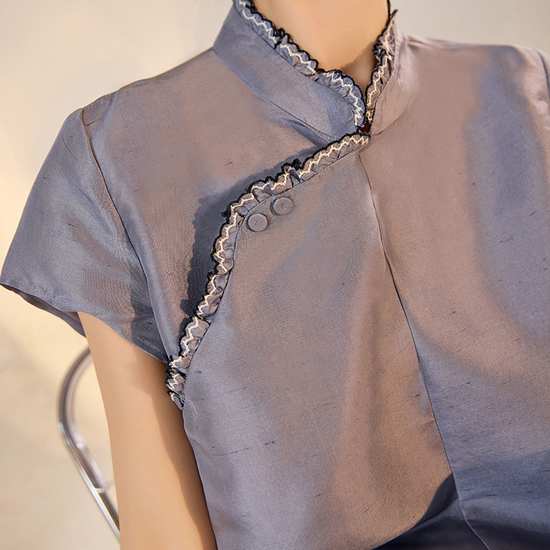 National Style Summer Chic Diagonal Buttoned Lace Shirt New Chinese Style High-End Mulberry Silk Top for Women Zx Model N4002