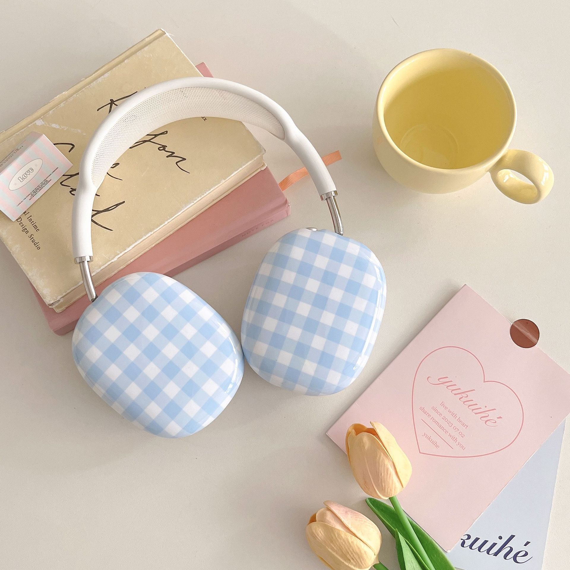 Korean Style Blue Plaid airpods Max Protective Case for Apple Headset Ear Cap Ear Mover Earphone Case