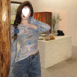 跨境实价 辣妹美式露肩长袖T恤女夏微透视修身防晒网纱罩衫上衣