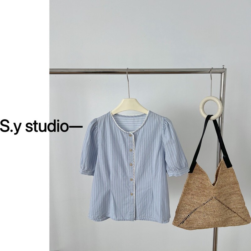 Pure Cotton Light Blue Vertical Stripesd Cotton Shirt Women's Short 2025 Summer New Fashion Puff Sleeve Top Trendy