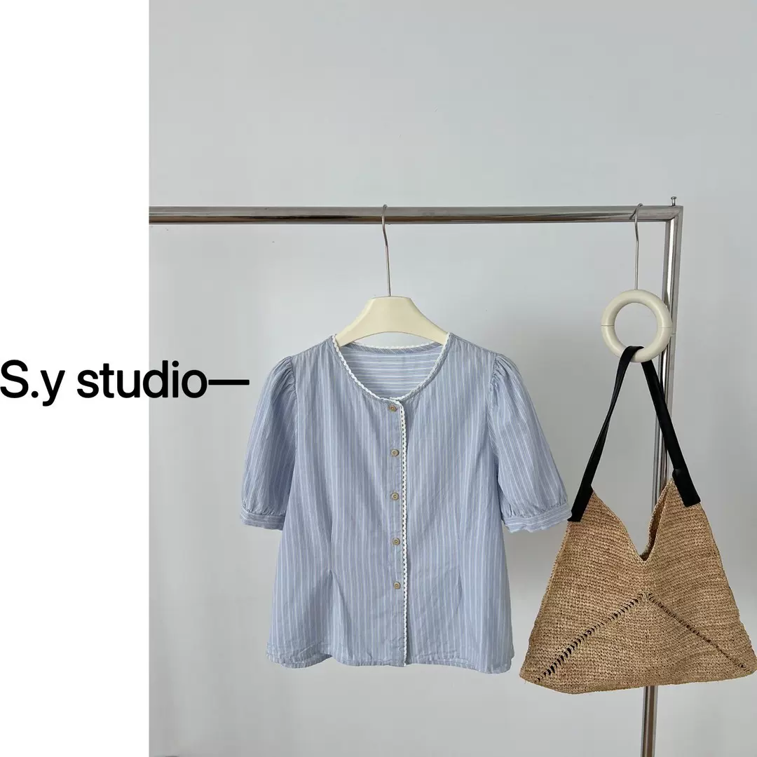 纯棉浅蓝色竖条纹棉衬衫女短款2025夏季新品时尚泡泡袖上衣潮